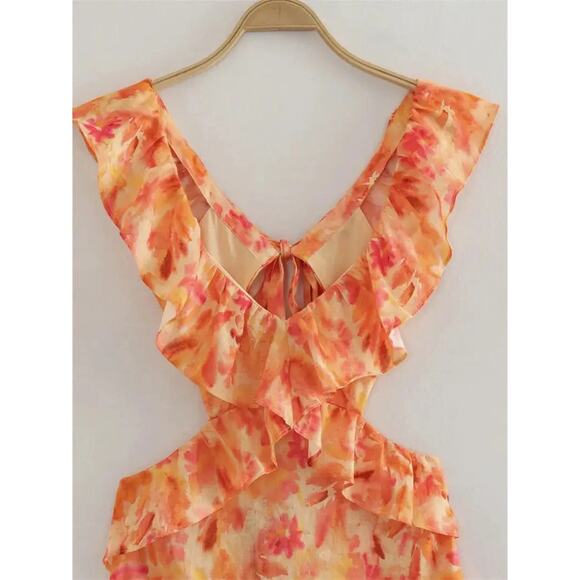 NWT! Zara Linen Floral Ruffled Midi V-Neck Dress - Blogger Favorite - Size XL - Picture 12 of 16